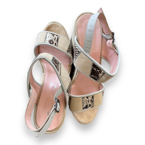 Opening Ceremony Cream Suede Leather & Snakeskin Ankle Strap Platform Wedges - Picture 11 of 12